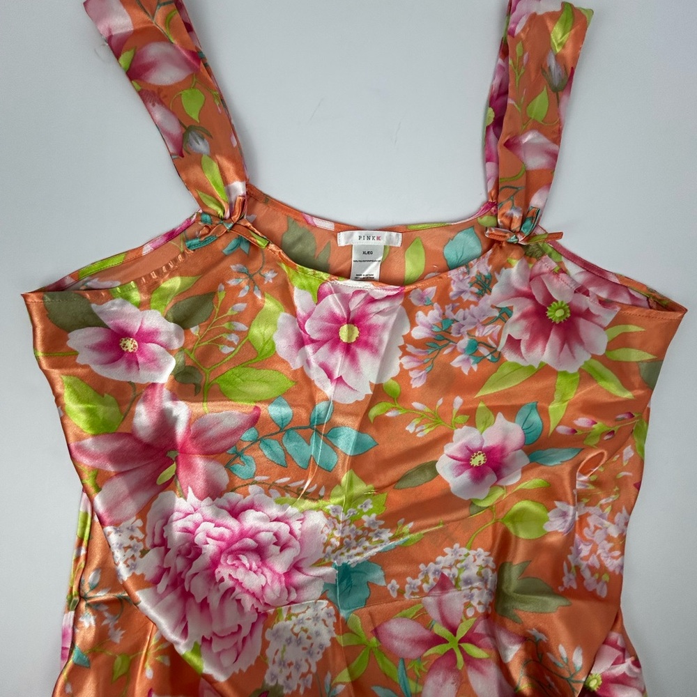 Floral Satin Slip Dress in Peach with Pink Blooms - Picture 3 of 6
